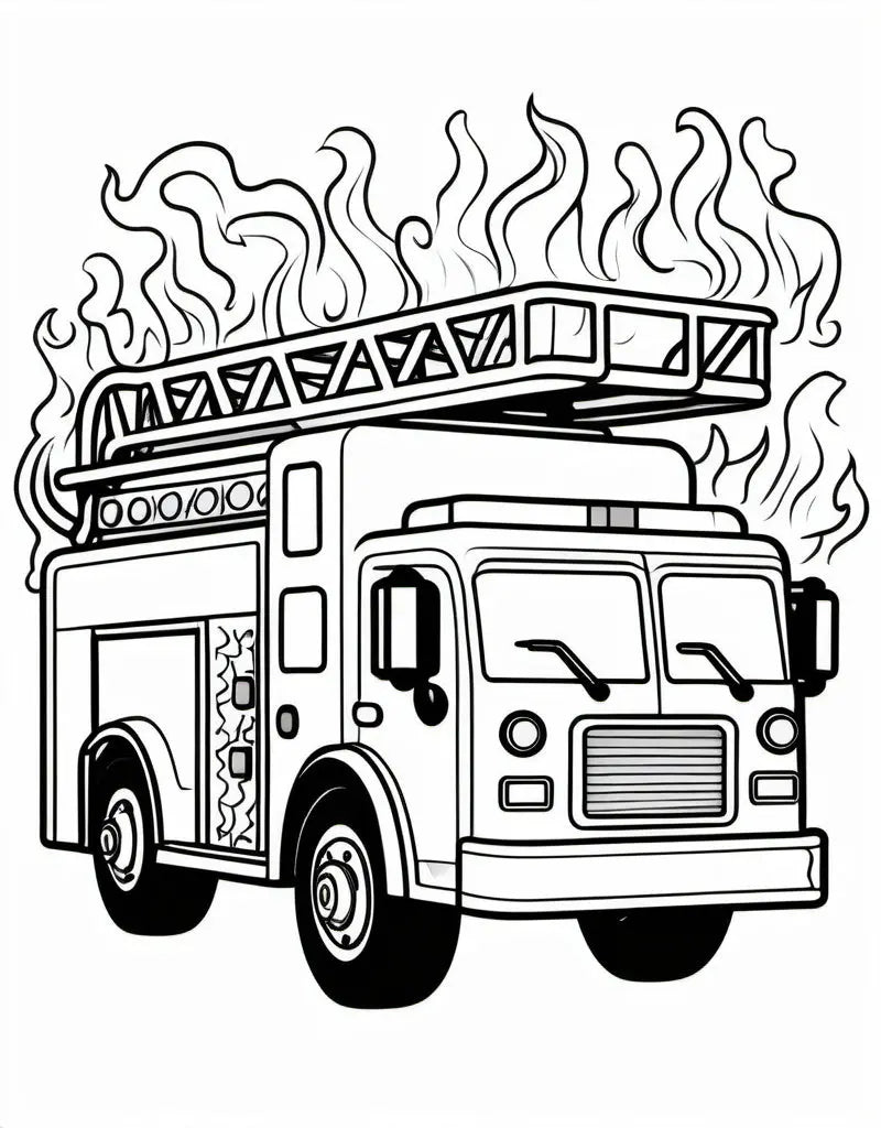 Feuerwehrwagen im Einsatz Mokkini Kindermode Ausmalbild