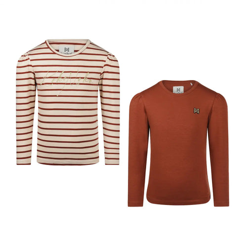 Koko Noko Langarm T-Shirt 2-Pack – Creme/Rote Streifen & Cognac