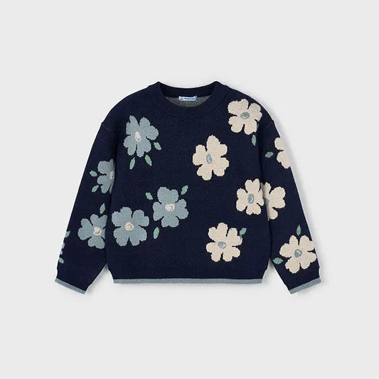 Mayoral Jacquard-Pullover Blau mit Blumenmuster Mokkini Kindermode Pullover