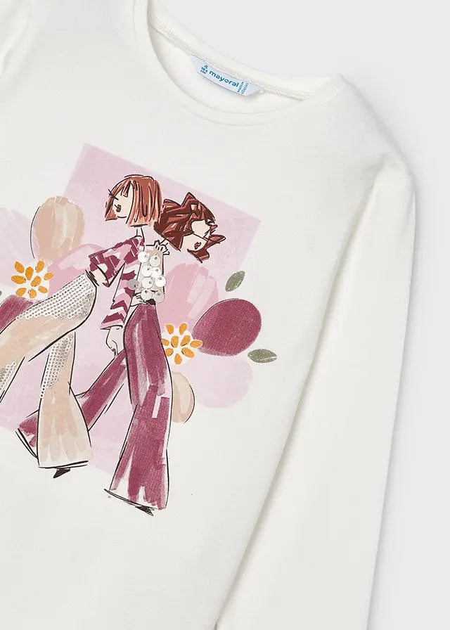 Mayoral T-Shirt Langarm mit buntem Print von zwei stilisierten Mädchen und Blumen - T-Shirt Langarm - Mayoral