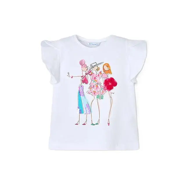 Mayoral T-Shirt mit stilvollem Mädelsprint und Rüschenärmeln Mokkini Kindermode T-Shirt