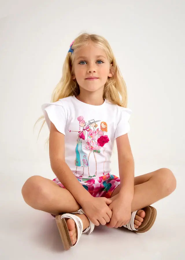 Mayoral T-Shirt mit stilvollem Mädelsprint und Rüschenärmeln Mokkini Kindermode T-Shirt
