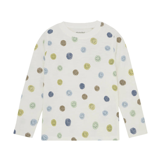 Minymo Jungen Langarmshirt "Smiley" in Weiß mit bunten Punkten Mokkini Kindermode Gesperrt