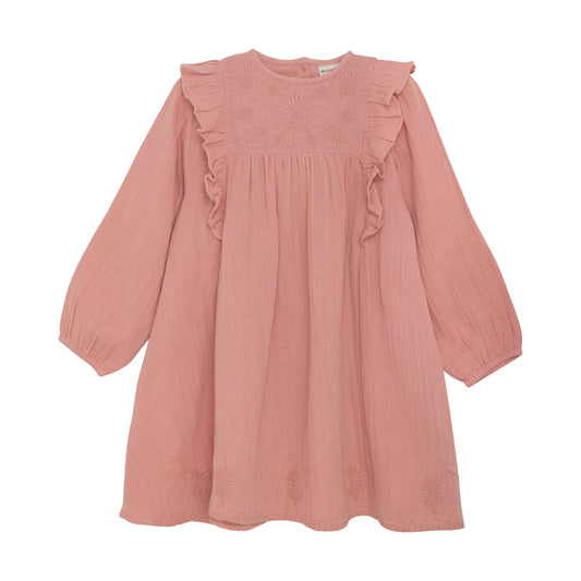 Minymo Kleid mit Rüschen und Stickereien in Altrosa Mokkini Kindermode Gesperrt