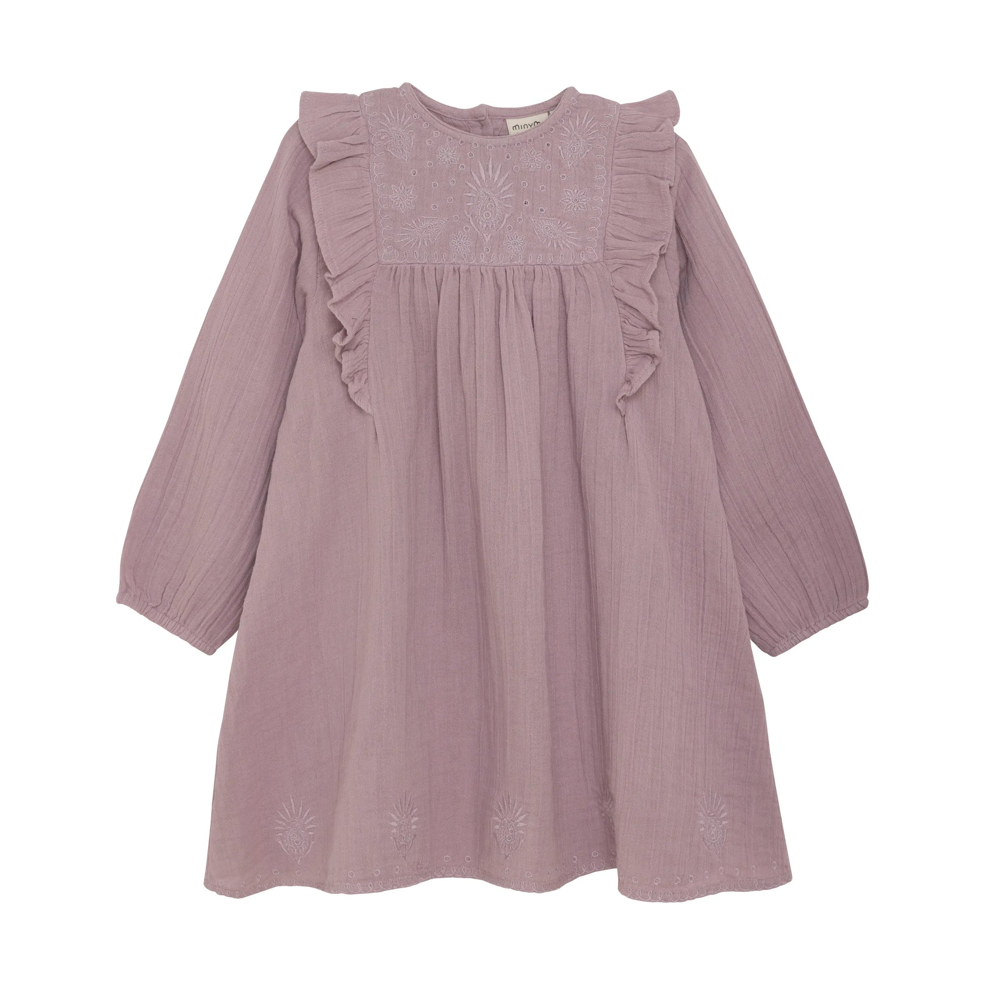 Minymo Kleid mit Rüschen und Stickereien in Flieder Mokkini Kindermode Gesperrt