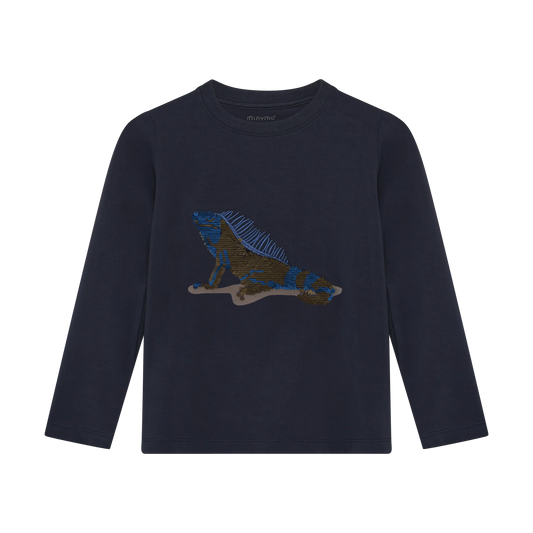 Minymo Langarmshirt mit Wendepailletten Echse Mokkini Kindermode Langarmshirt