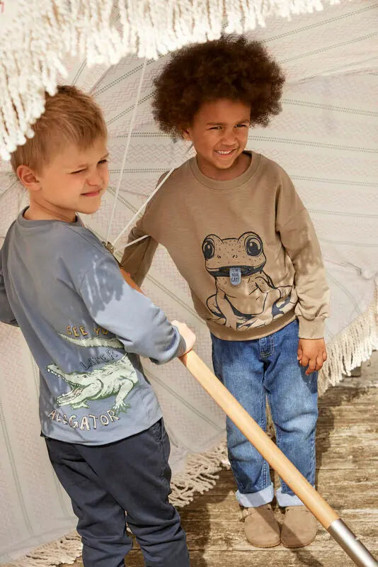 Minymo Sweatshirt für Jungen | Froschmotiv & Timber Wolf Mokkini Kindermode Sweatshirt
