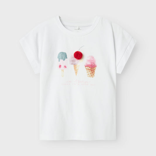name it - T-Shirt mit Glitzer Eis-Motiv | Weiß