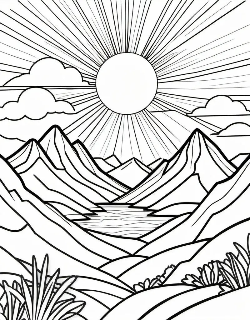 Sonnenaufgang über den Bergen Mokkini Kindermode Ausmalbild
